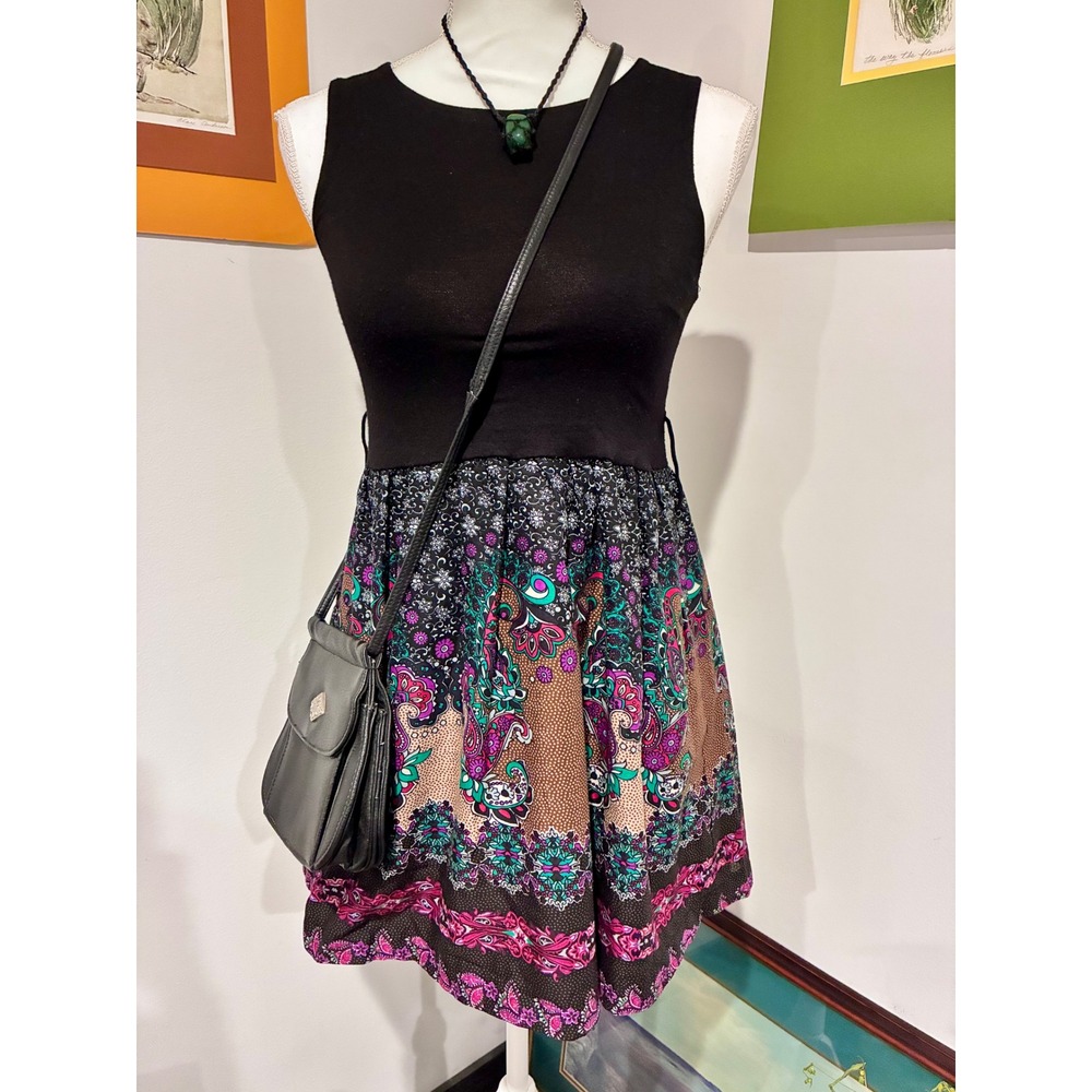 Paisley Floral Dress Women's Small Black Sleeveless Fit Flare Boho Multicolor